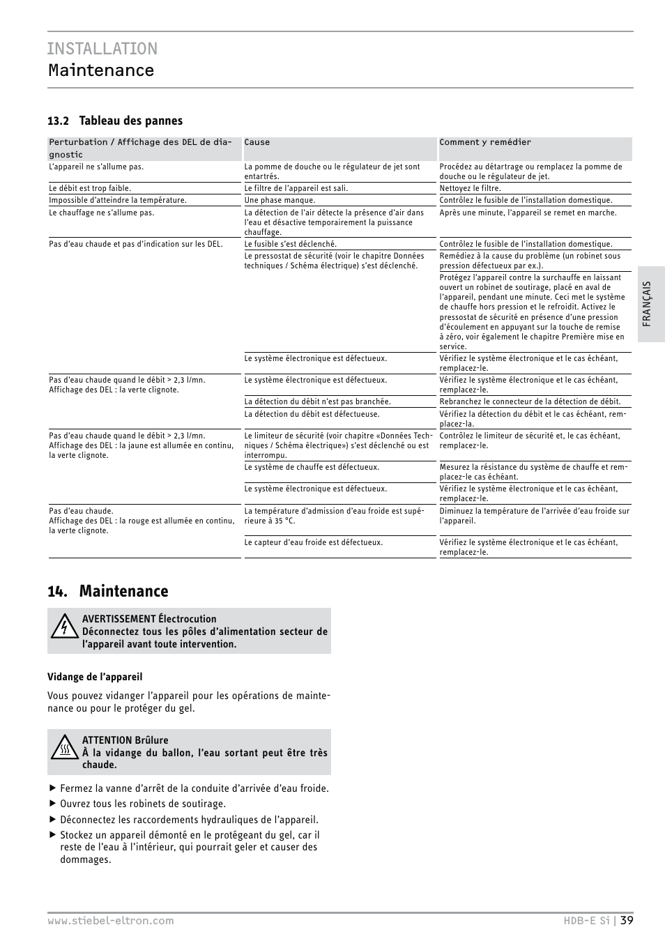 Installation maintenance, Maintenance, 2 tableau des pannes | STIEBEL ELTRON HDB-E Si 01.11.2012 - 31.01.2013 User Manual | Page 39 / 72