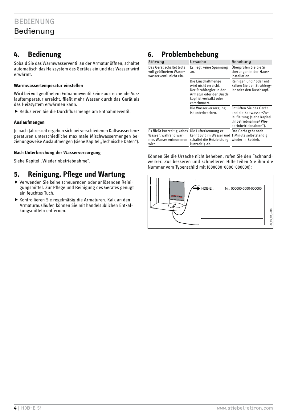 Bedienung bedienung, Bedienung, Reinigung, pﬂege und wartung | Problembehebung | STIEBEL ELTRON HDB-E Si 01.11.2012 - 31.01.2013 User Manual | Page 4 / 72