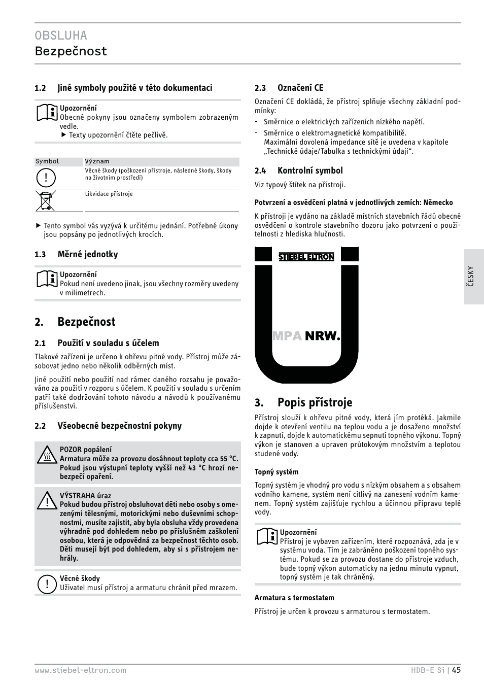 Obsluha bezpe nost, Bezpečnost, Popis přístroje | STIEBEL ELTRON HDB-E Si 01.11.2012 - 31.01.2013 User Manual | Page 45 / 72