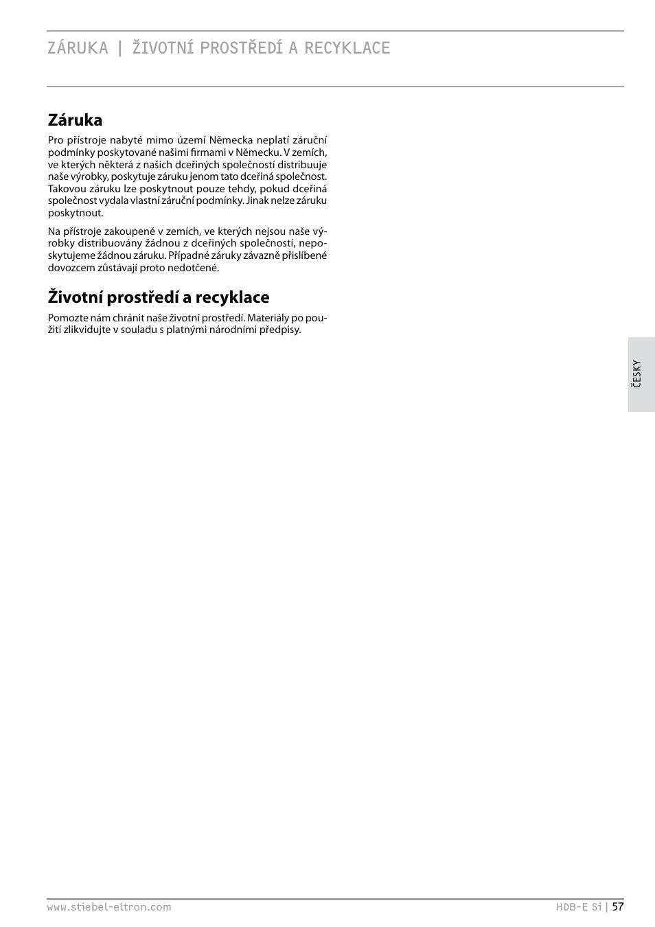 Zruka | zivotní prostxedí a recyklace záruka, Životní prostředí a recyklace | STIEBEL ELTRON HDB-E Si 01.11.2012 - 31.01.2013 User Manual | Page 57 / 72