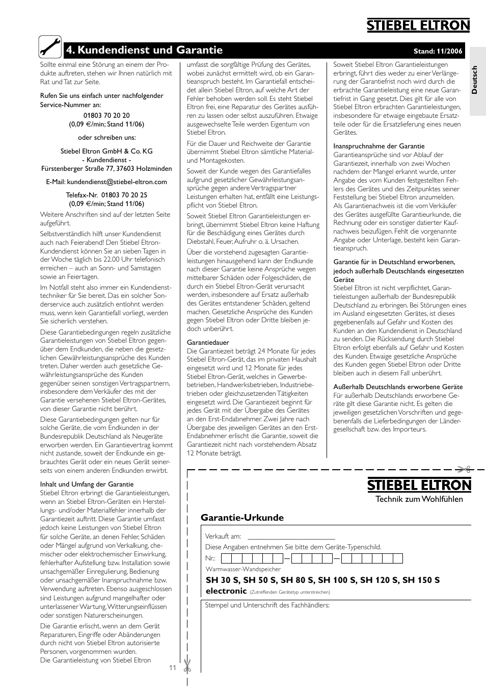 Kundendienst und garantie, Garantie-urkunde | STIEBEL ELTRON SH S electronic с 26.04.2004 User Manual | Page 11 / 36