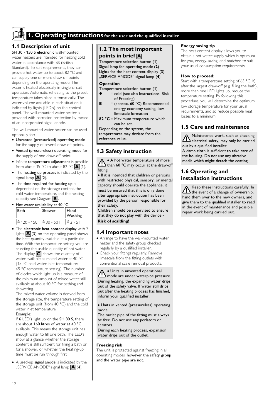 Operating instructions, 1 description of unit, 2 the most important points in brief | 3 safety instruction, 5 care and maintenance, 6 operating and installation instructions | STIEBEL ELTRON SH S electronic с 26.04.2004 User Manual | Page 12 / 36