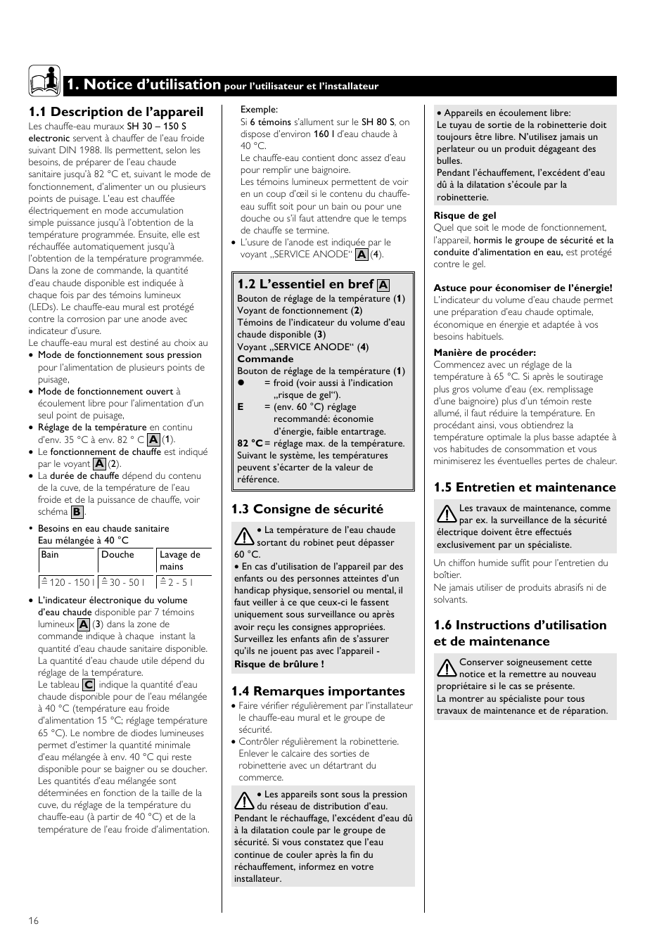 Notice d’utilisation, 1 description de l’appareil, 2 l’essentiel en bref | 3 consigne de sécurité, 4 remarques importantes, 5 entretien et maintenance, 6 instructions d’utilisation et de maintenance | STIEBEL ELTRON SH S electronic с 26.04.2004 User Manual | Page 16 / 36