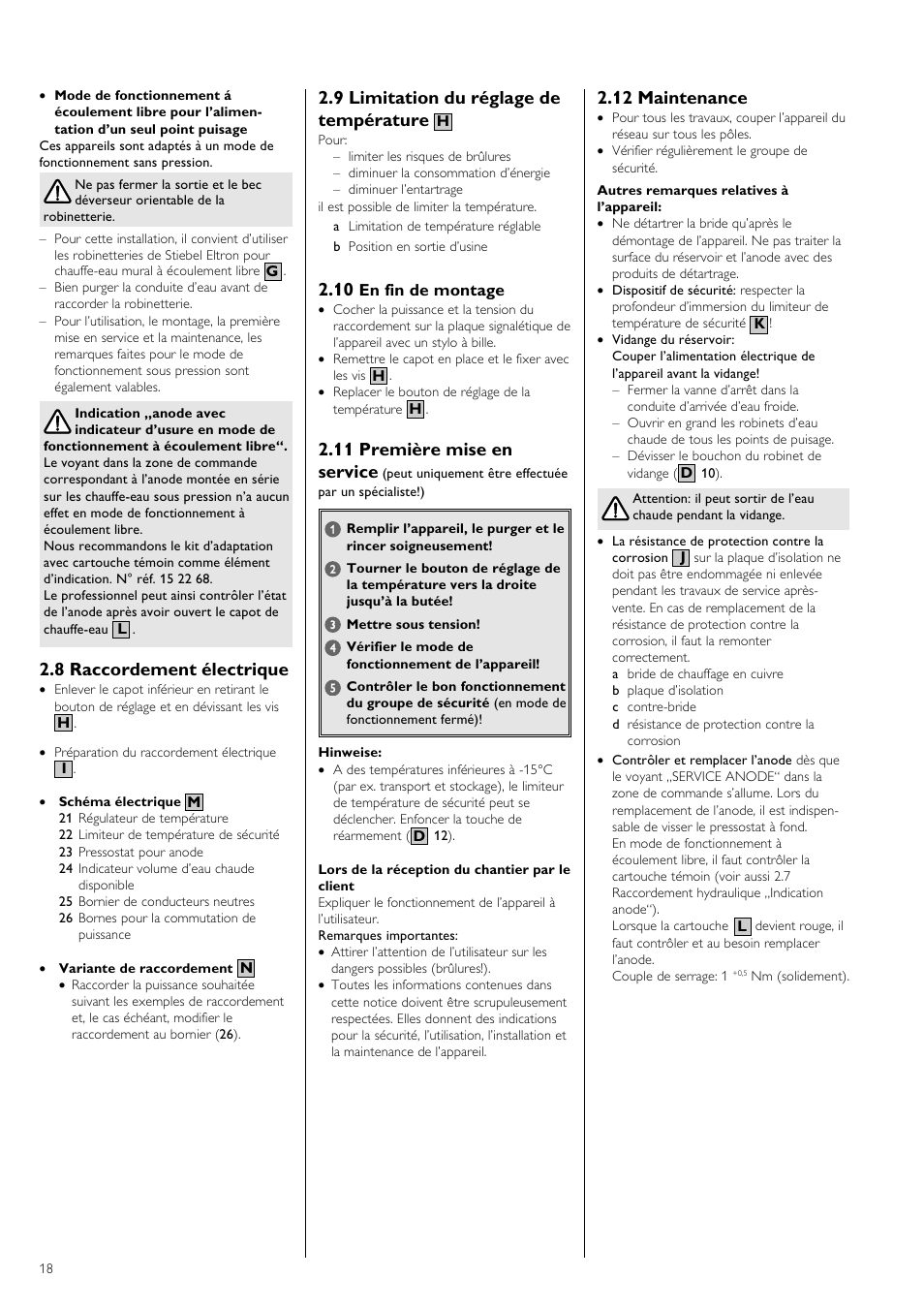 8 raccordement électrique, 9 limitation du réglage de température, 11 première mise en service | 12 maintenance | STIEBEL ELTRON SH S electronic с 26.04.2004 User Manual | Page 18 / 36