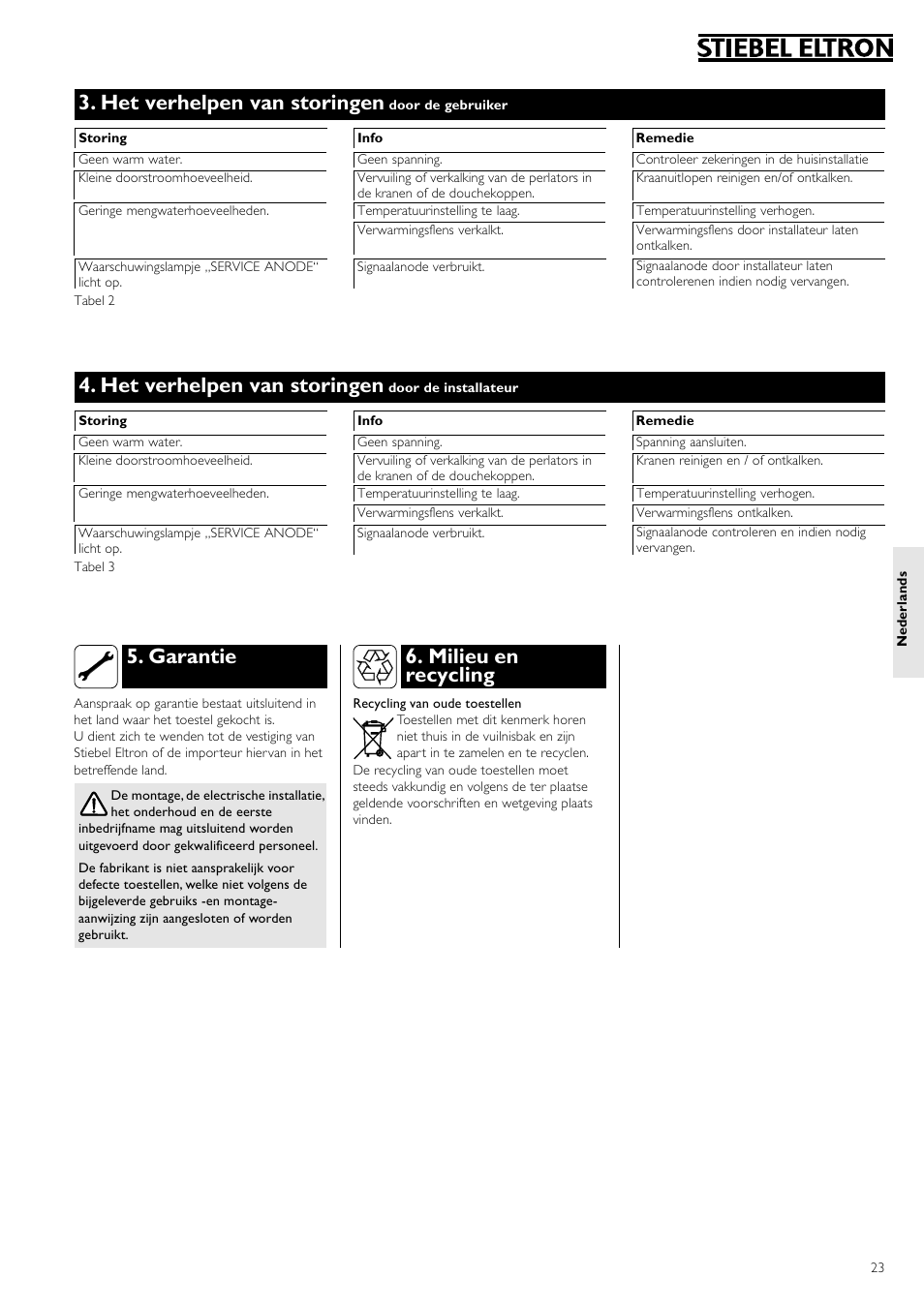 Het verhelpen van storingen, Garantie, Milieu en recycling | STIEBEL ELTRON SH S electronic с 26.04.2004 User Manual | Page 23 / 36