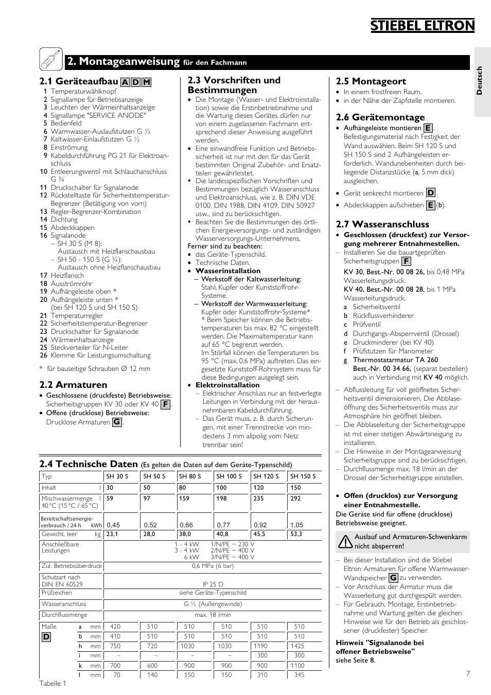 Montageanweisung, 1 geräteaufbau, 2 armaturen | 3 vorschriften und bestimmungen, 5 montageort, 6 gerätemontage, 7 wasseranschluss, 4 technische daten | STIEBEL ELTRON SH S electronic с 26.04.2004 User Manual | Page 7 / 36