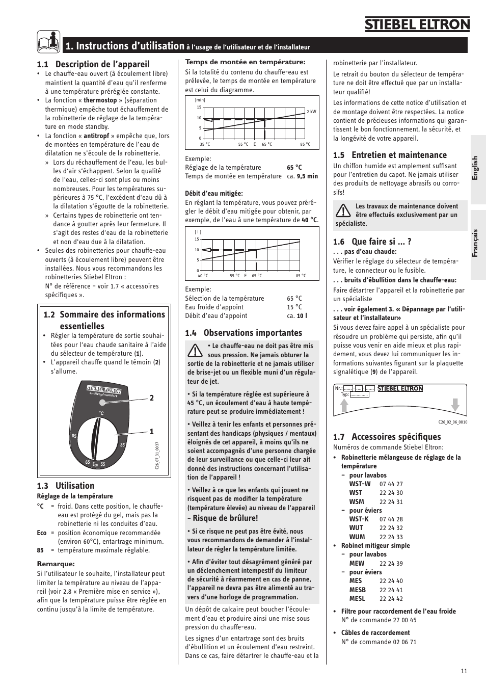 Instructions d’utilisation, 1 description de l’appareil, 2 sommaire des informations essentielles | 3 utilisation, 4 observations importantes, 5 entretien et maintenance, 6 que faire si, 7 accessoires spécifiques, Risque de brûlure | STIEBEL ELTRON SNU 5 SLi 01.05.2007 - 28.10.2007 User Manual | Page 11 / 34
