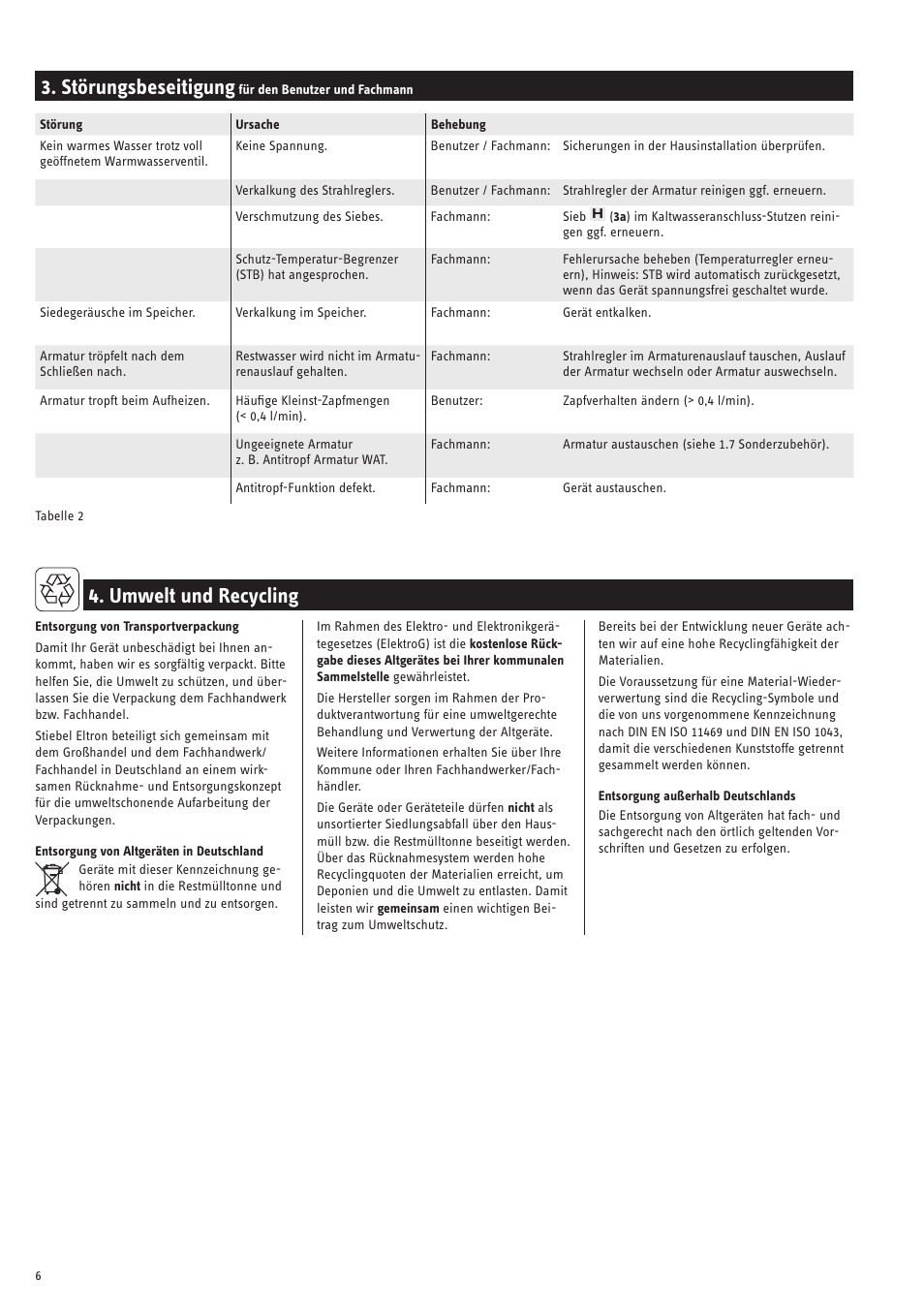 Störungsbeseitigung, Umwelt und recycling | STIEBEL ELTRON SNU 5 SLi 01.05.2007 - 28.10.2007 User Manual | Page 6 / 34