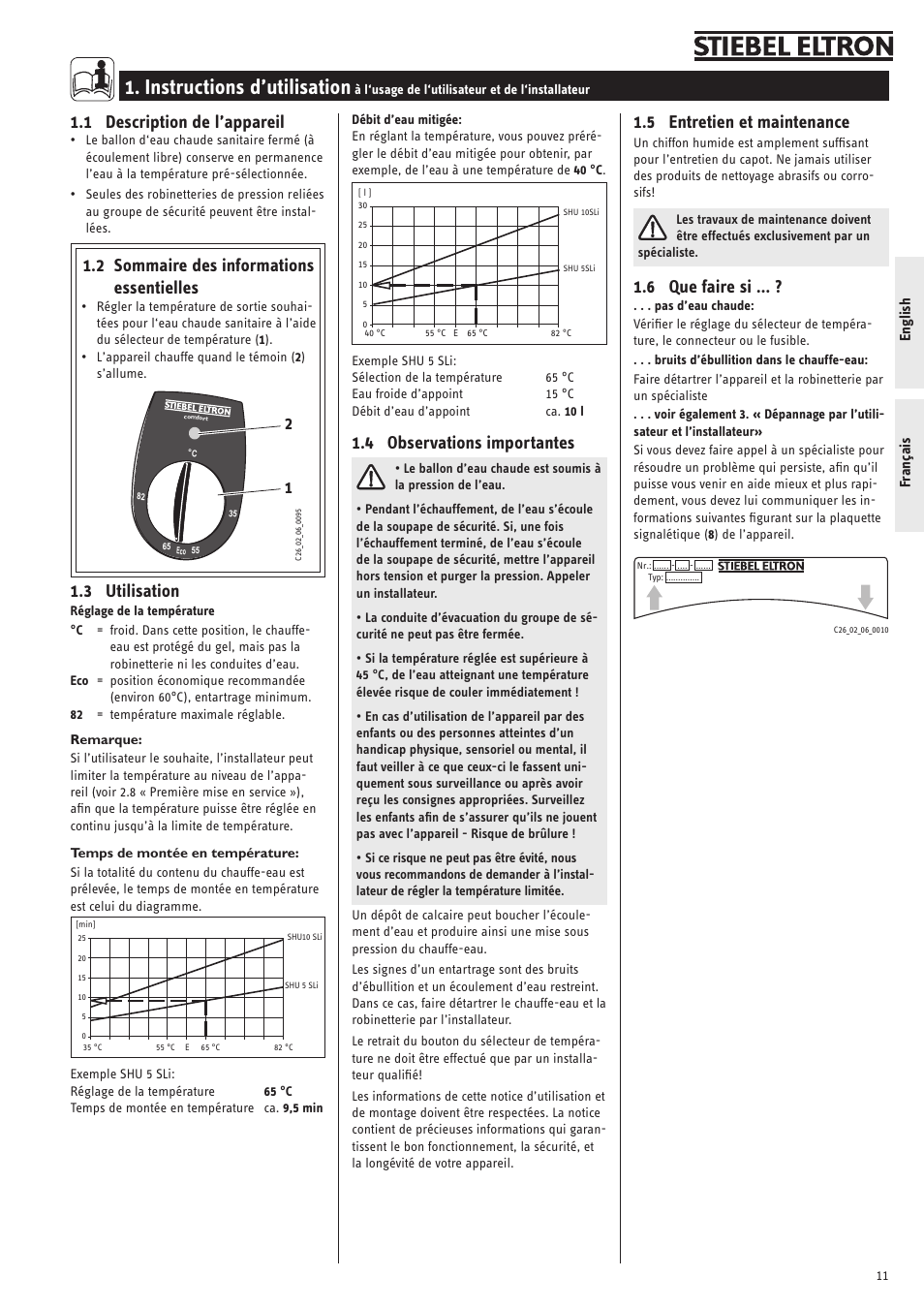 Instructions d’utilisation, 1 description de l’appareil, 2 sommaire des informations essentielles | 3 utilisation, 4 observations importantes, 5 entretien et maintenance, 6 que faire si | STIEBEL ELTRON SNU 5 SLi с 01.09.2007 User Manual | Page 11 / 34