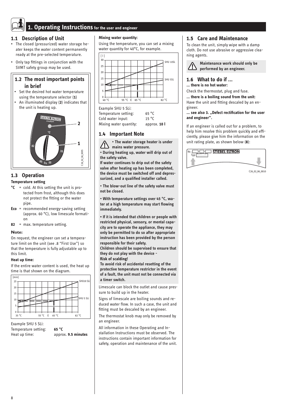 Operating instructions, 1 description of unit, 2 the most important points in brief | 3 operation, 5 care and maintenance, 6 what to do if | STIEBEL ELTRON SNU 5 SLi с 01.09.2007 User Manual | Page 8 / 34