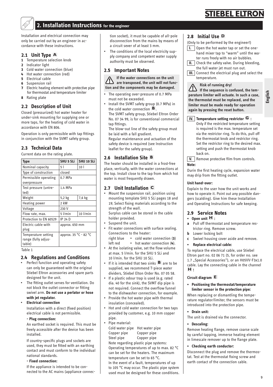 Installation instructions, 1 unit type, 2 description of unit | 3 technical data, 6 installation site, 7 unit installation, 8 initial use, 4 regulations and conditions | STIEBEL ELTRON SNU 5 SLi с 01.09.2007 User Manual | Page 9 / 34