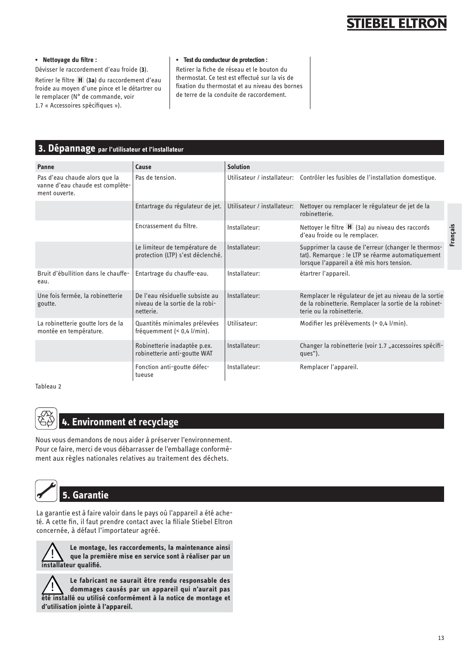Dépannage, Garantie 4. environment et recyclage | STIEBEL ELTRON SNU 5 SLi с 29.10.2007 User Manual | Page 13 / 34