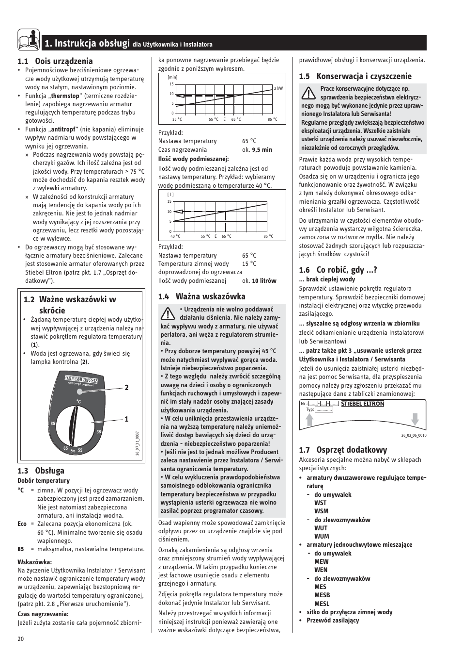 Instrukcja obsługi, 1 oois urządzenia, 2 ważne wskazówki w skrócie | 3 obsługa, 4 ważna wskazówka, 5 konserwacja i czyszczenie, 6 co robić, gdy, 7 osprzęt dodatkowy | STIEBEL ELTRON SNU 5 SLi с 29.10.2007 User Manual | Page 20 / 34