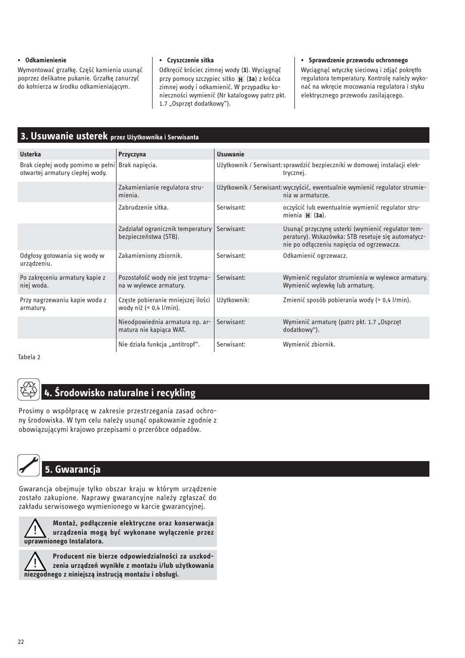 Usuwanie usterek, Gwarancja 4. środowisko naturalne i recykling | STIEBEL ELTRON SNU 5 SLi с 29.10.2007 User Manual | Page 22 / 34