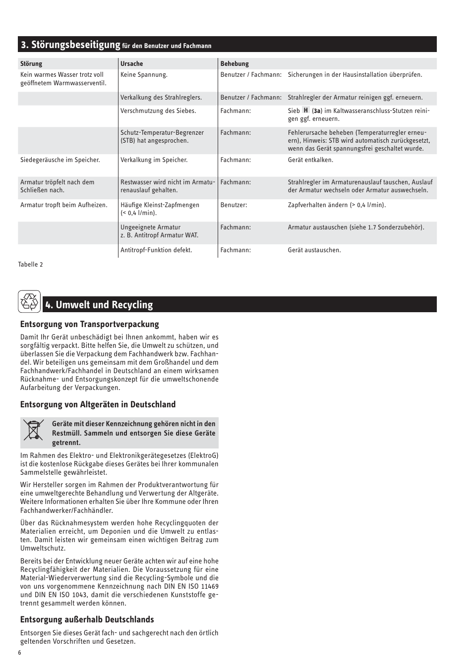 Störungsbeseitigung, Umwelt und recycling | STIEBEL ELTRON SNU 5 SLi с 29.10.2007 User Manual | Page 6 / 34