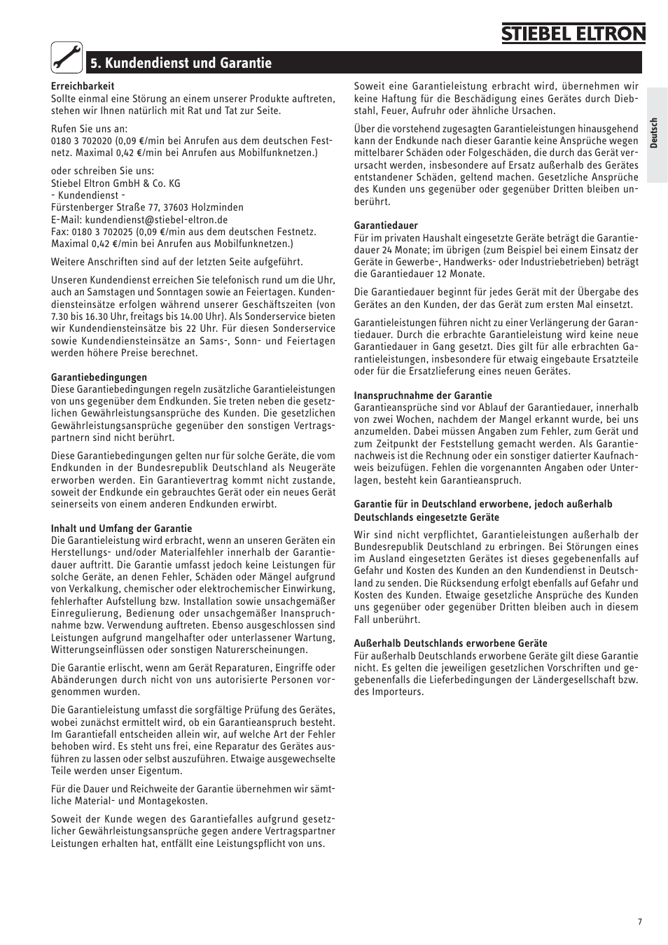 Kundendienst und garantie | STIEBEL ELTRON SNU 5 SLi с 29.10.2007 User Manual | Page 7 / 34