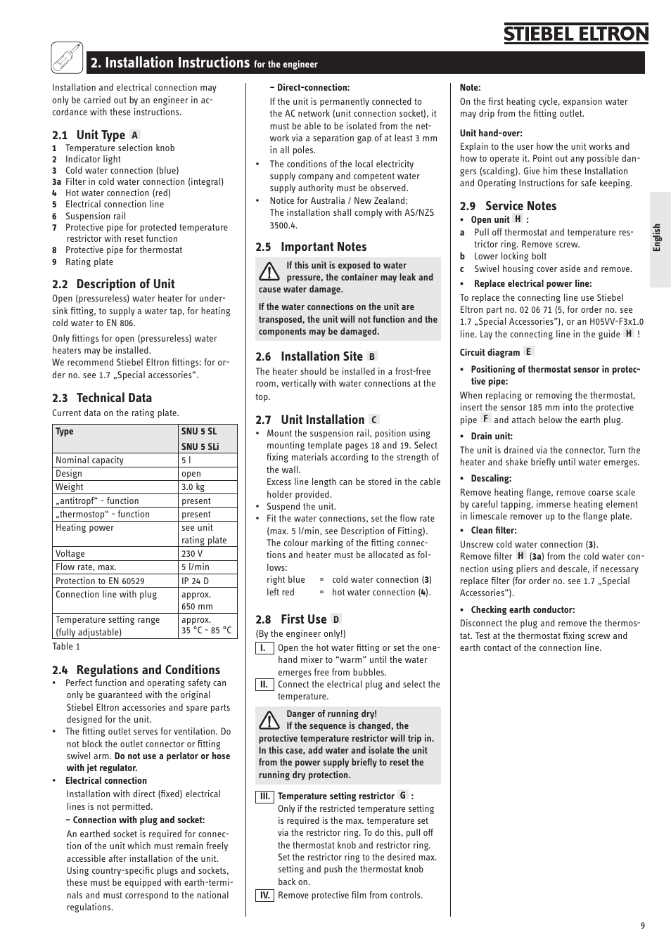 Installation instructions, 1 unit type, 2 description of unit | 3 technical data, 4 regulations and conditions, 6 installation site, 7 unit installation, 8 first use | STIEBEL ELTRON SNU 5 SLi с 29.10.2007 User Manual | Page 9 / 34