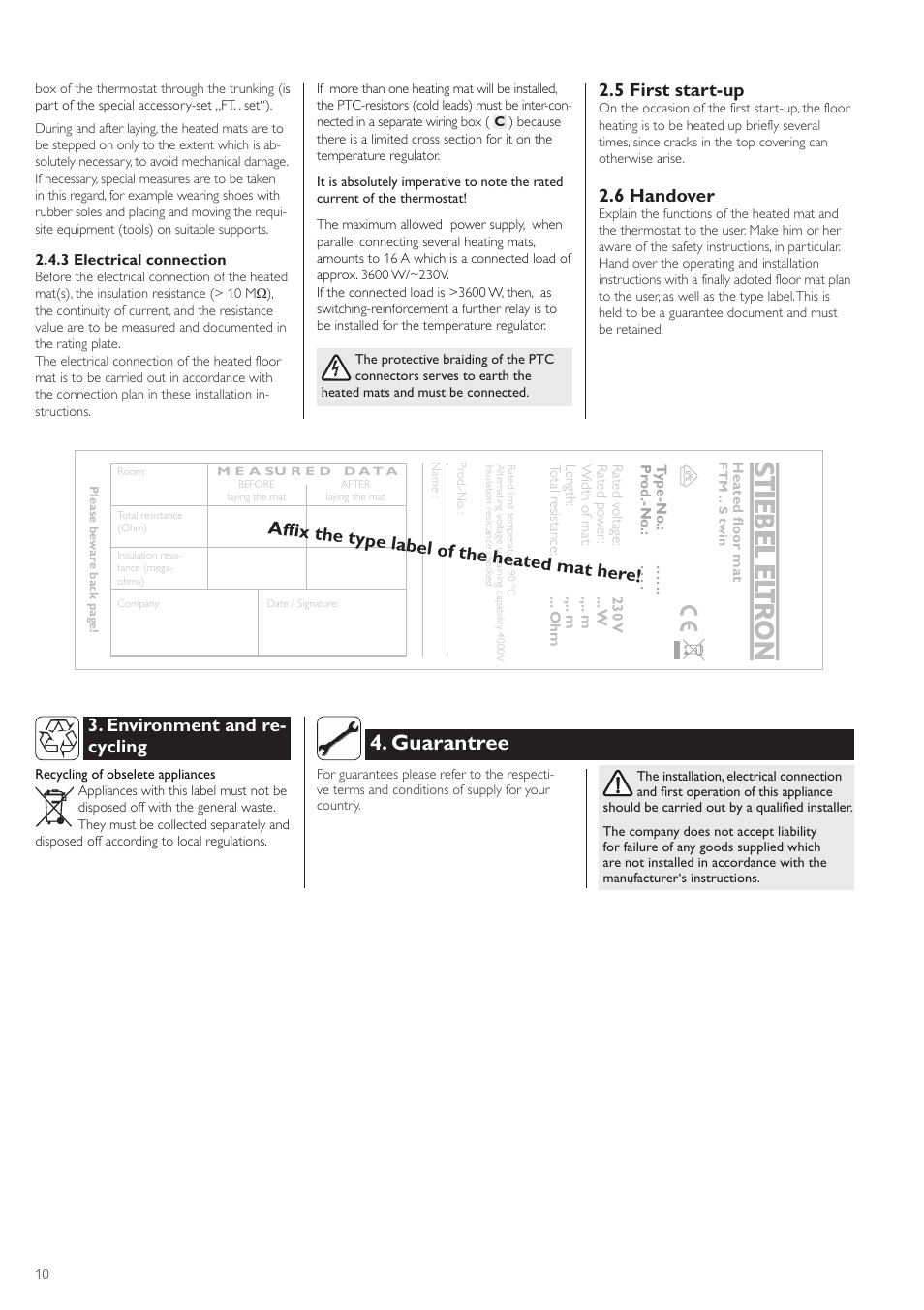 Guarantree, Environment and re- cycling, 5 first start-up | 6 handover, Afﬁ x the type label of the heated mat her e | STIEBEL ELTRON FTM S twin 01.05.2006 - 07.04.2008 User Manual | Page 10 / 14