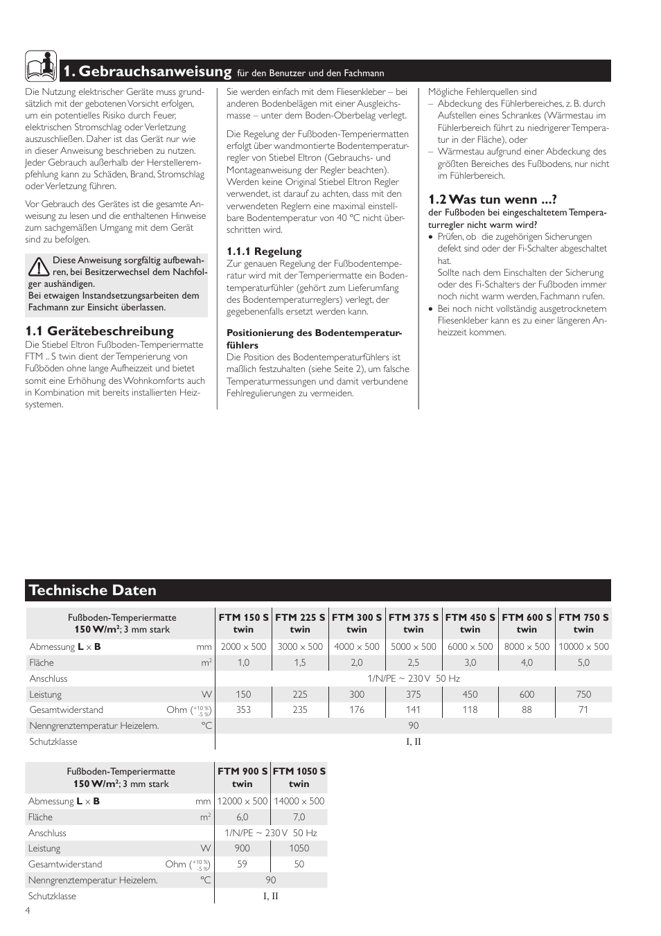 Gebrauchsanweisung, Technische daten, 1 gerätebeschreibung | 2 was tun wenn | STIEBEL ELTRON FTM S twin 01.05.2006 - 07.04.2008 User Manual | Page 4 / 14