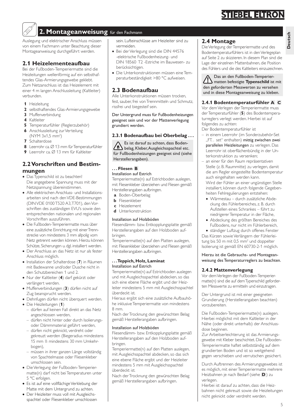 Montageanweisung, 1 heizelementeaufbau, 2 vorschriften und bestim- mungen | 3 bodenaufbau, 4 montage | STIEBEL ELTRON FTM S twin 01.05.2006 - 07.04.2008 User Manual | Page 5 / 14