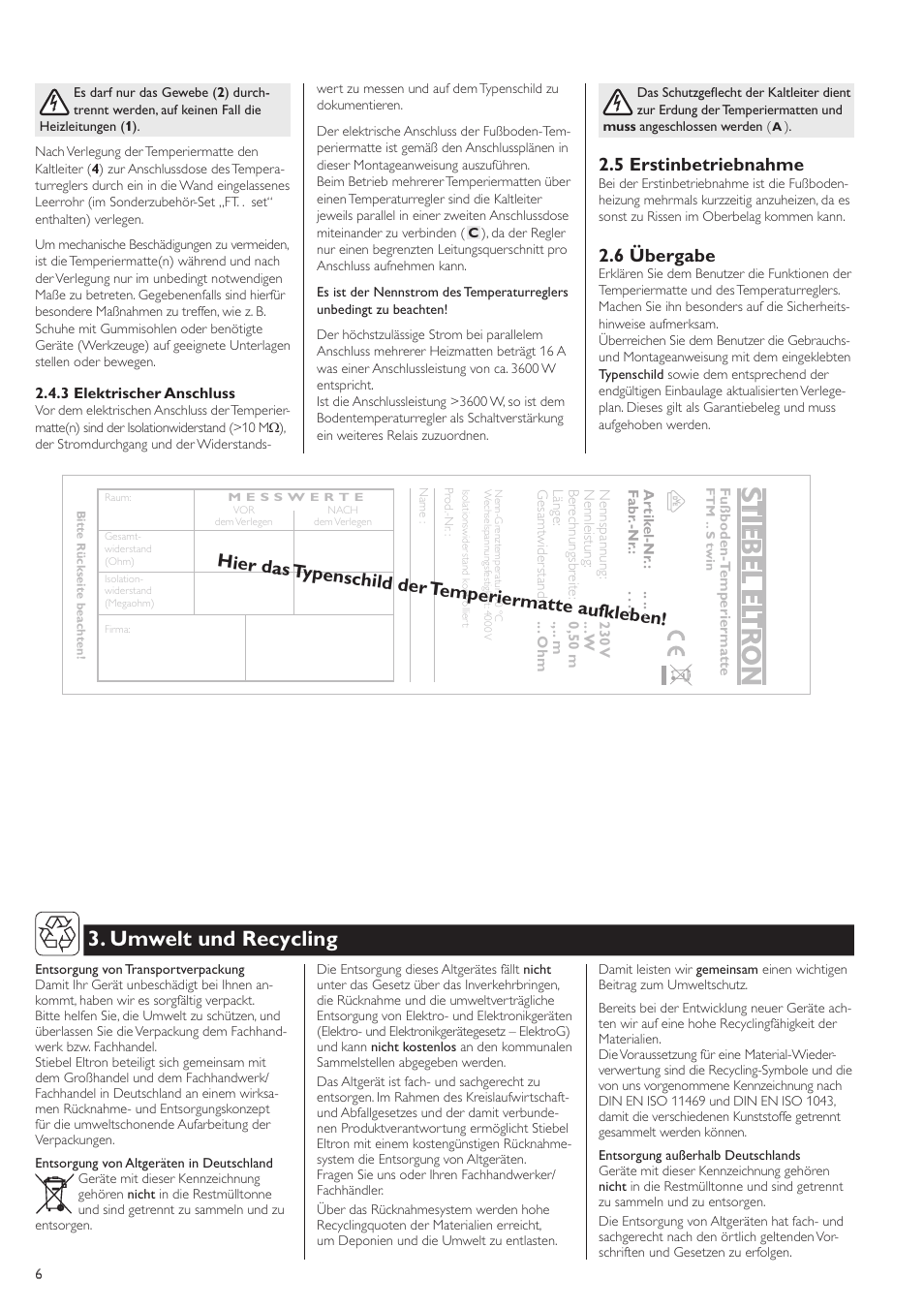 Umwelt und recycling, 5 erstinbetriebnahme, 6 übergabe | Hier das typenschild der temperiermatte au fkleben | STIEBEL ELTRON FTM S twin 01.05.2006 - 07.04.2008 User Manual | Page 6 / 14