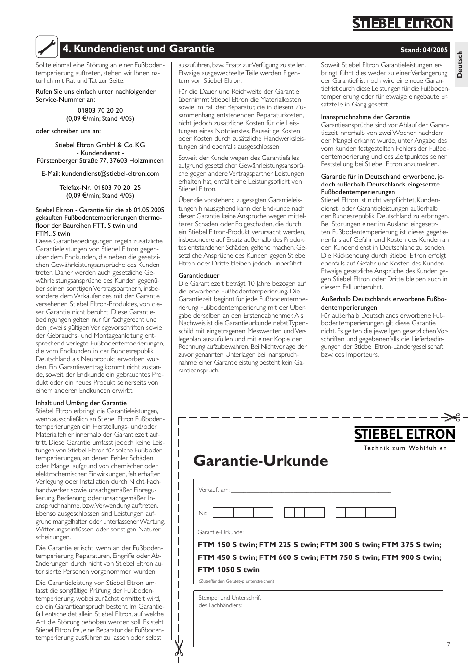 Garantie-urkunde, Kundendienst und garantie | STIEBEL ELTRON FTM S twin 01.05.2006 - 07.04.2008 User Manual | Page 7 / 14