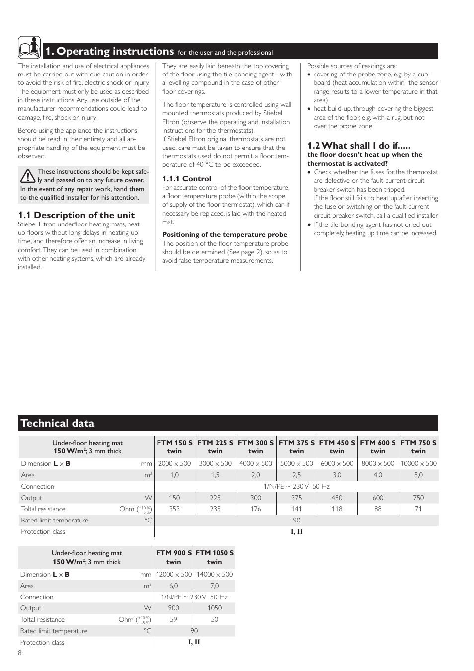 Operating instructions, Technical data, 1 description of the unit | 2 what shall i do if | STIEBEL ELTRON FTM S twin 01.05.2006 - 07.04.2008 User Manual | Page 8 / 14