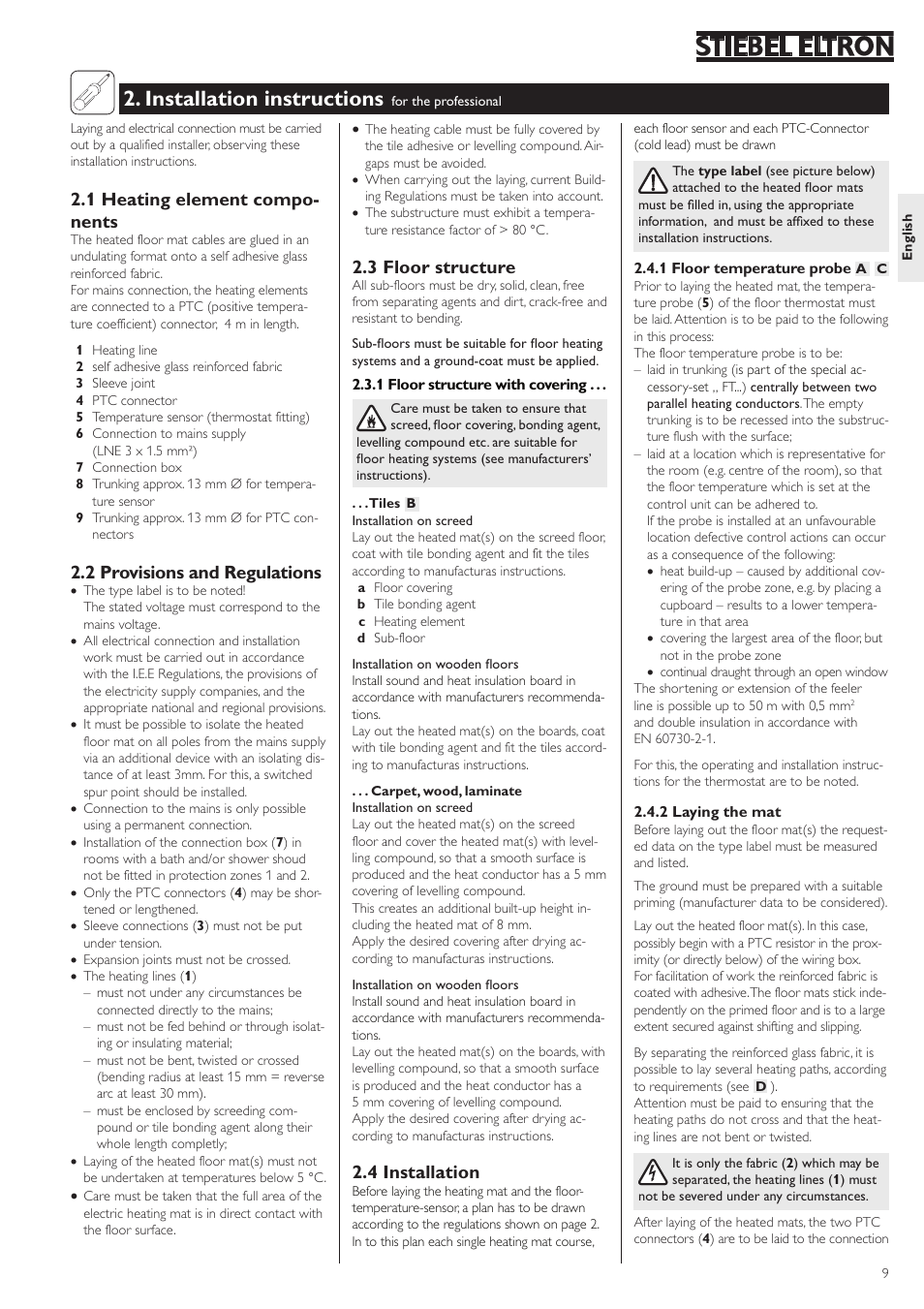 Installation instructions, 1 heating element compo- nents, 2 provisions and regulations | 3 floor structure, 4 installation | STIEBEL ELTRON FTM S twin 01.05.2006 - 07.04.2008 User Manual | Page 9 / 14