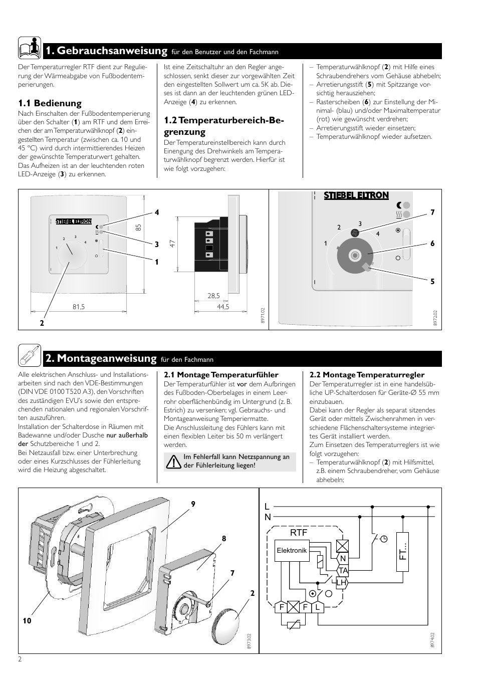 Gebrauchsanweisung, Montageanweisung, 1 bedienung | 2 temperaturbereich-be- grenzung, Rtf l n ft | STIEBEL ELTRON RTF с 20.12.2004 User Manual | Page 2 / 8