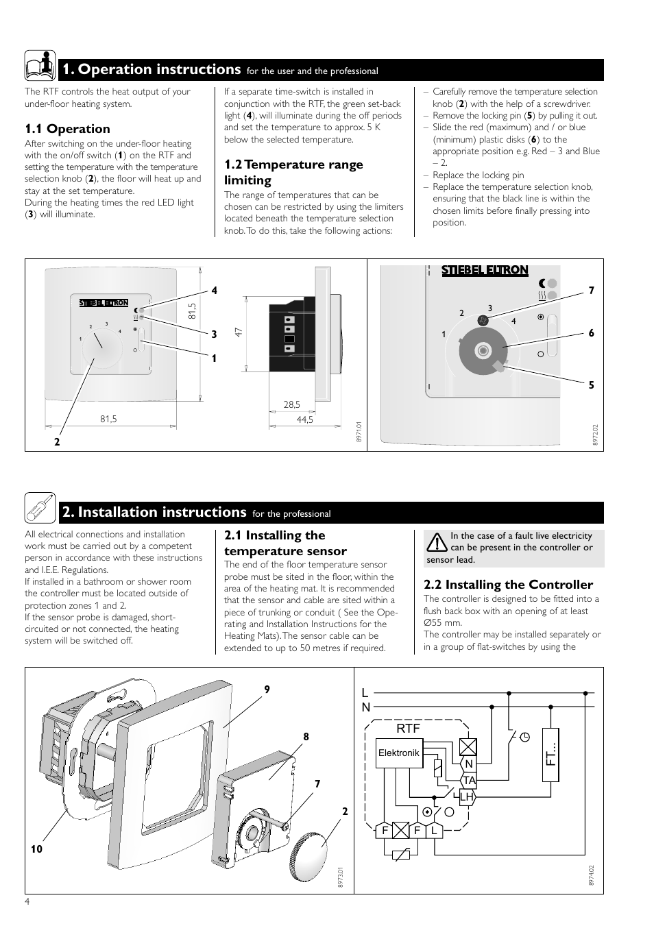 Operation instructions, Installation instructions, 1 operation | 2 temperature range limiting, 1 installing the temperature sensor, 2 installing the controller, Rtf l n ft | STIEBEL ELTRON RTF с 20.12.2004 User Manual | Page 4 / 8