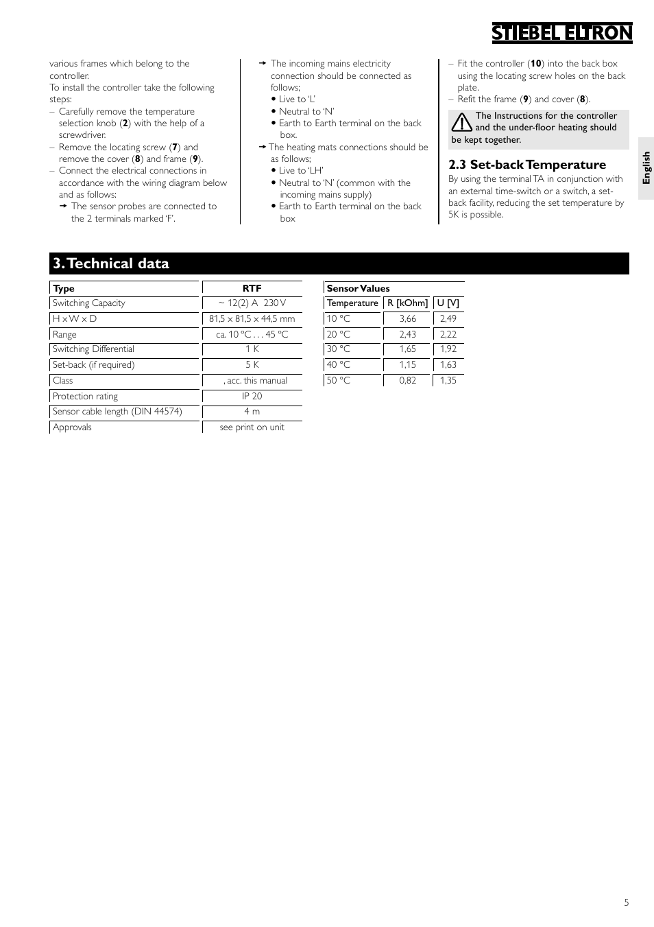 Technical data, 3 set-back temperature | STIEBEL ELTRON RTF с 20.12.2004 User Manual | Page 5 / 8
