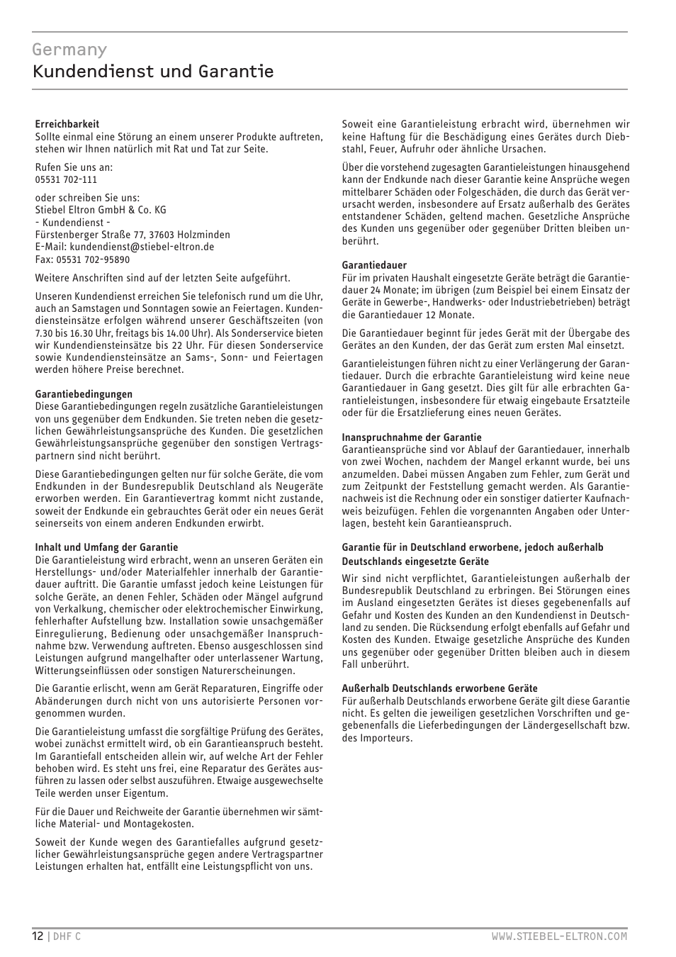 Kundendienst und garantie, Germany kundendienst und garantie | STIEBEL ELTRON DHF 12 - 24 C с 01.04.2007 User Manual | Page 12 / 103
