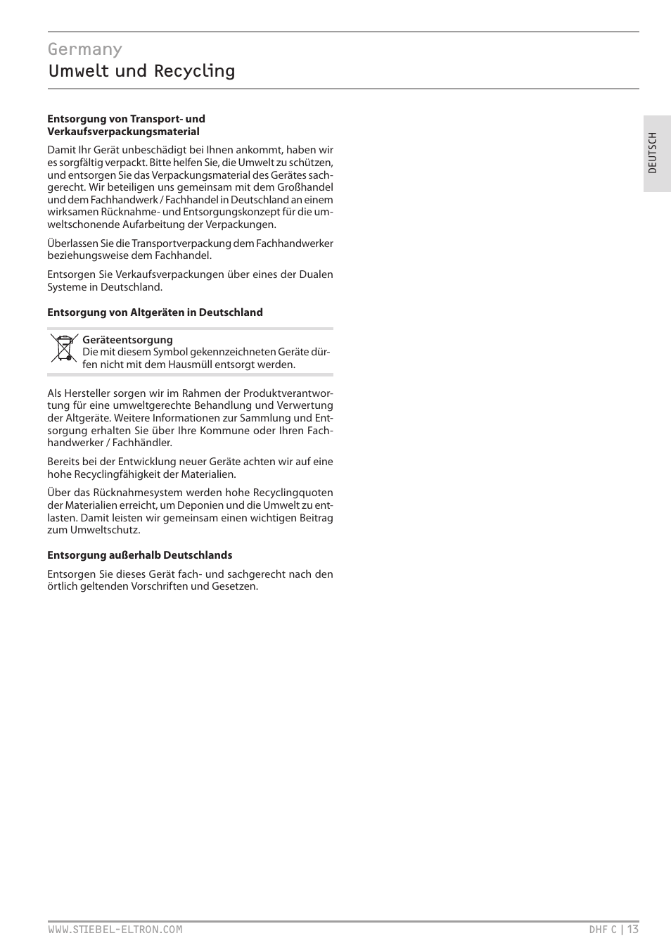 Umwelt und recycling, Germany umwelt und recycling | STIEBEL ELTRON DHF 12 - 24 C с 01.04.2007 User Manual | Page 13 / 103