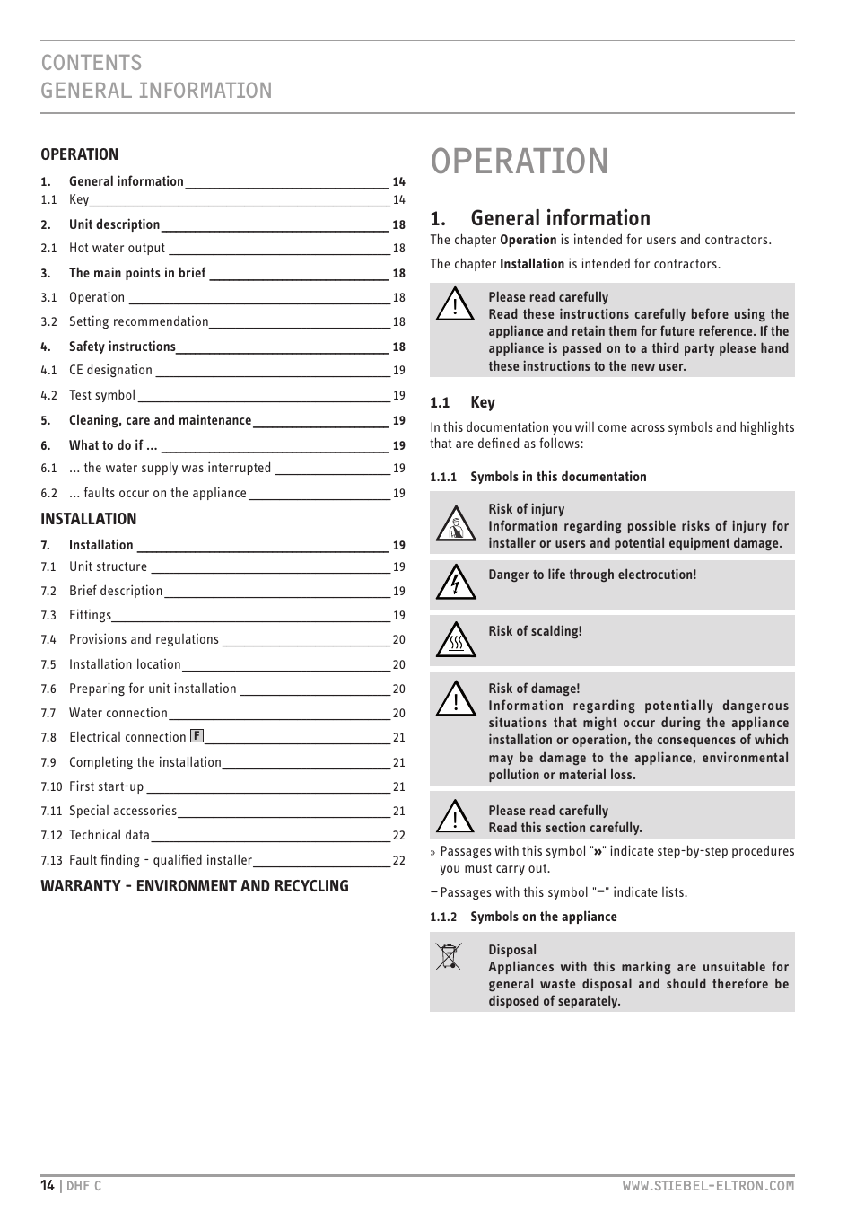 Operation, Contents general information, General information | STIEBEL ELTRON DHF 12 - 24 C с 01.04.2007 User Manual | Page 14 / 103