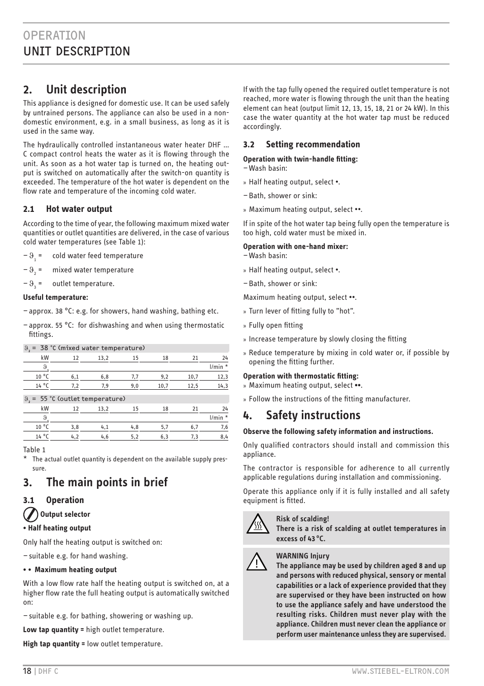 Operation unit description, Unit description, The main points in brief | Safety instructions, 1 hot water output, 1 operation, 2 setting recommendation | STIEBEL ELTRON DHF 12 - 24 C с 01.04.2007 User Manual | Page 18 / 103
