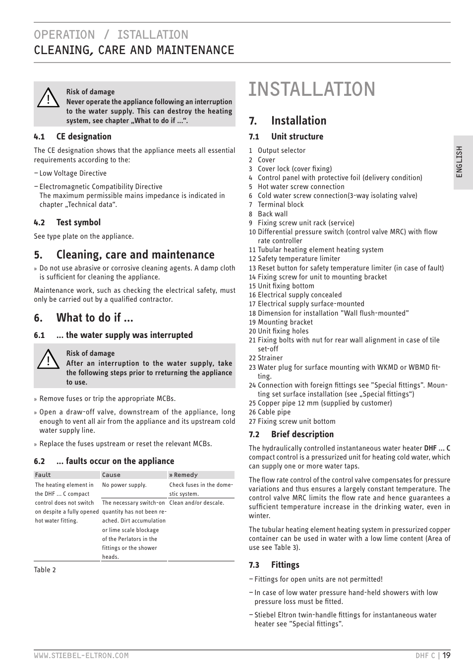 Installation, Cleaning, care and maintenance, What to do if | STIEBEL ELTRON DHF 12 - 24 C с 01.04.2007 User Manual | Page 19 / 103