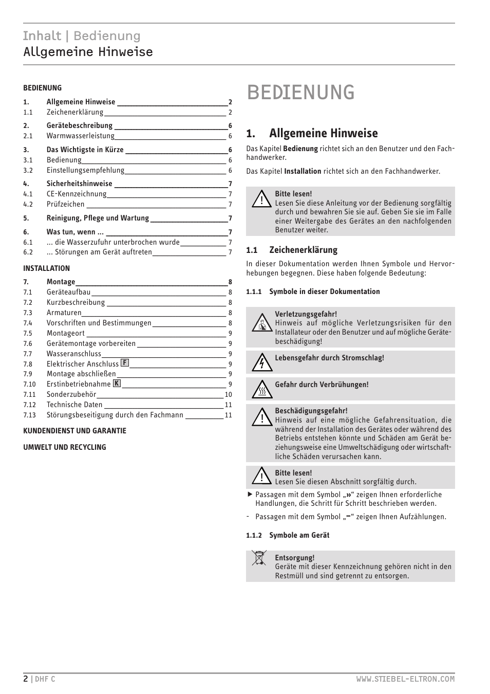 Bedienung, Inhalt | bedienung allgemeine hinweise, Inhalt | Allgemeine hinweise | STIEBEL ELTRON DHF 12 - 24 C с 01.04.2007 User Manual | Page 2 / 103