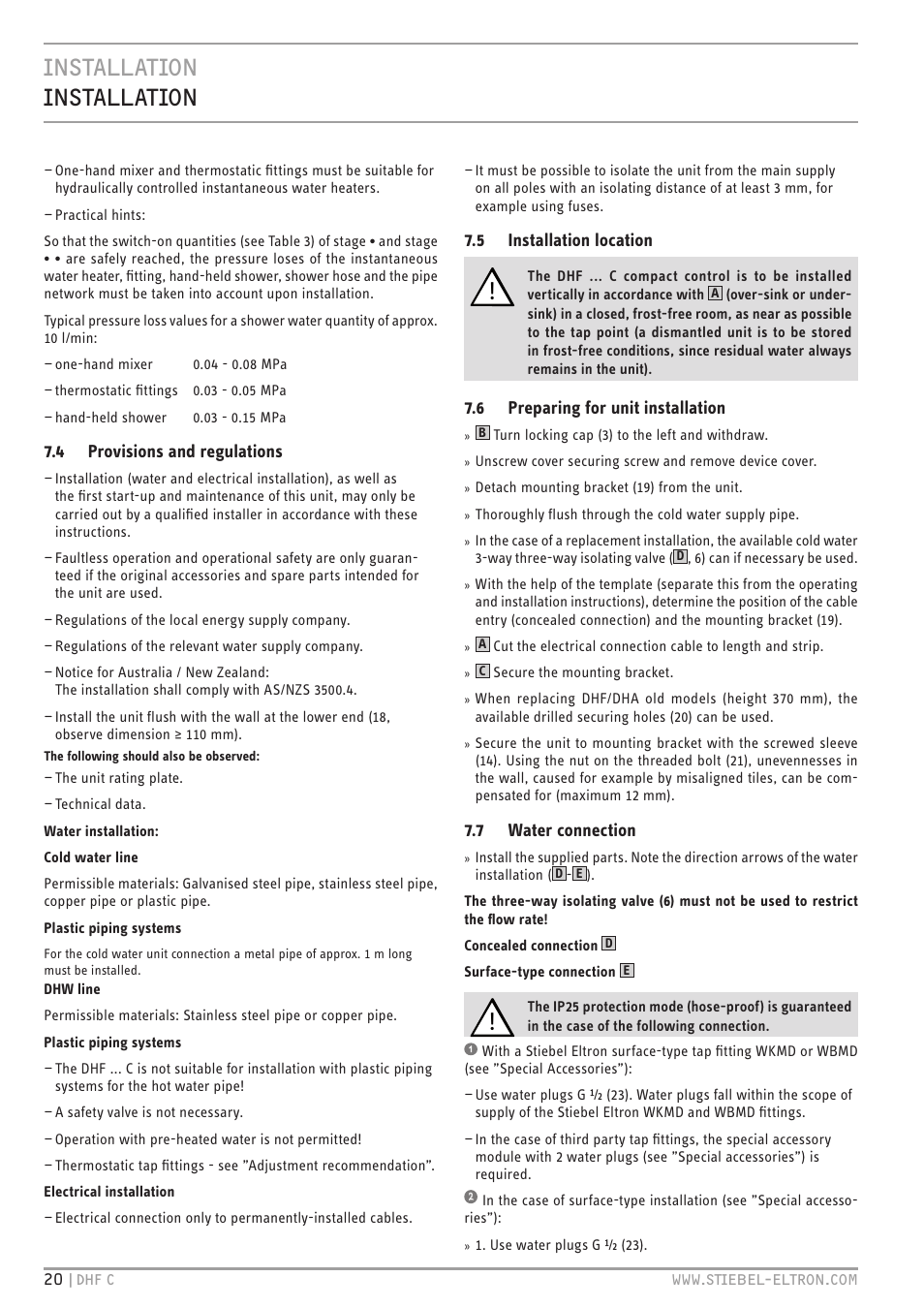Installation installation, 4 provisions and regulations, 5 installation location | 6 preparing for unit installation, 7 water connection | STIEBEL ELTRON DHF 12 - 24 C с 01.04.2007 User Manual | Page 20 / 103
