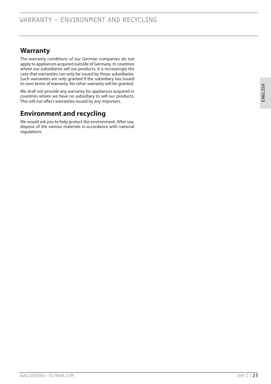 Warranty - environment and recycling, Warranty - environment and recycling warranty, Environment and recycling | STIEBEL ELTRON DHF 12 - 24 C с 01.04.2007 User Manual | Page 23 / 103