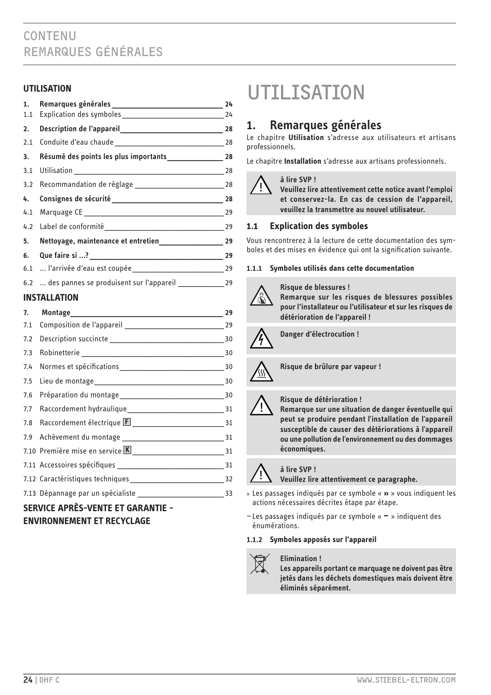 Utilisation, Contenu remarques générales, Remarques générales | STIEBEL ELTRON DHF 12 - 24 C с 01.04.2007 User Manual | Page 24 / 103