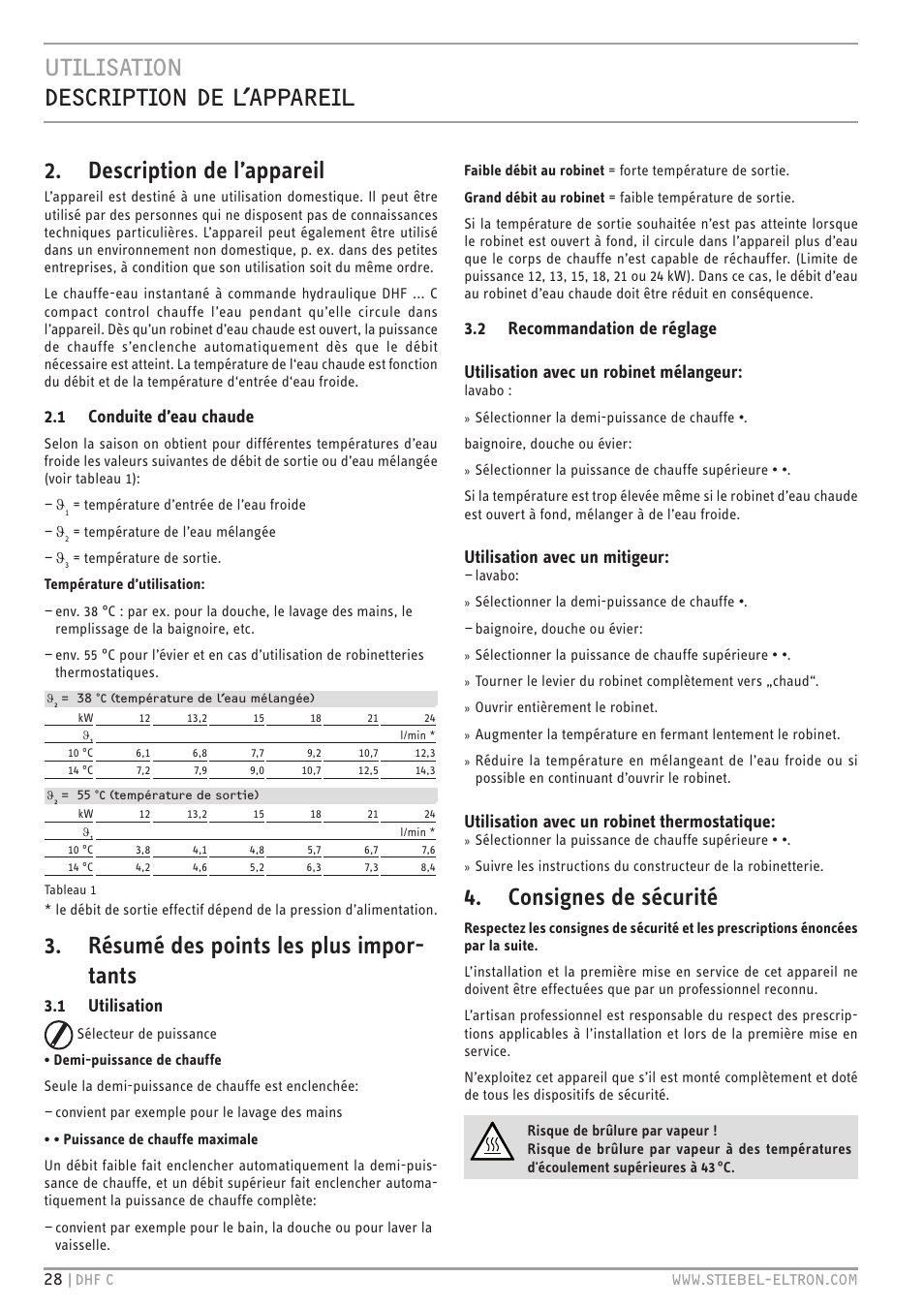 Utilisation description de l’appareil, Description de l’appareil, Résumé des points les plus impor- tants | Consignes de sécurité, 1 conduite d’eau chaude, 1 utilisation, Utilisation avec un mitigeur, Utilisation avec un robinet thermostatique | STIEBEL ELTRON DHF 12 - 24 C с 01.04.2007 User Manual | Page 28 / 103