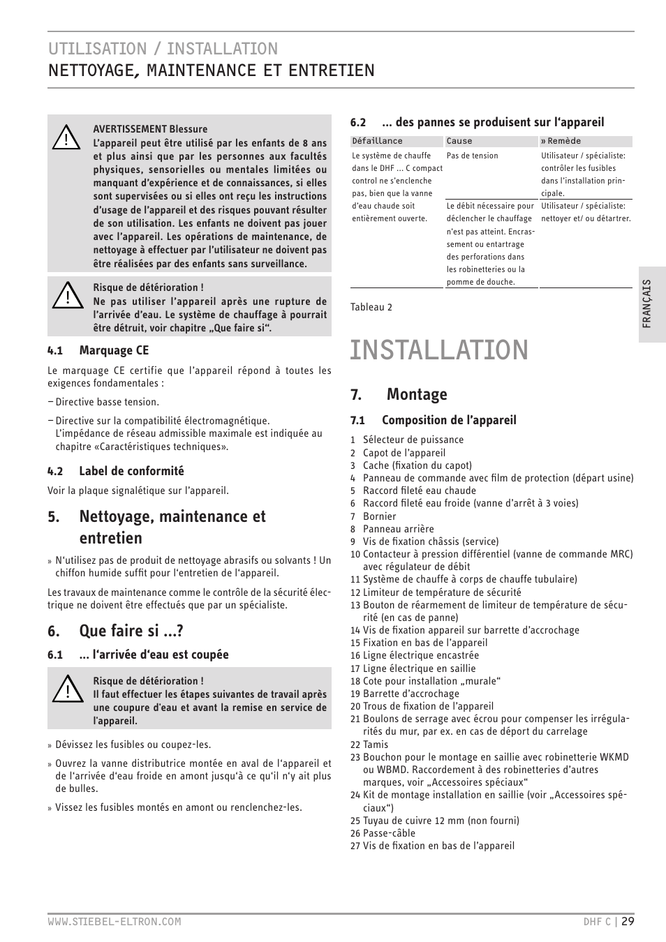 Installation, Nettoyage, maintenance et entretien, Que faire si | Montage | STIEBEL ELTRON DHF 12 - 24 C с 01.04.2007 User Manual | Page 29 / 103