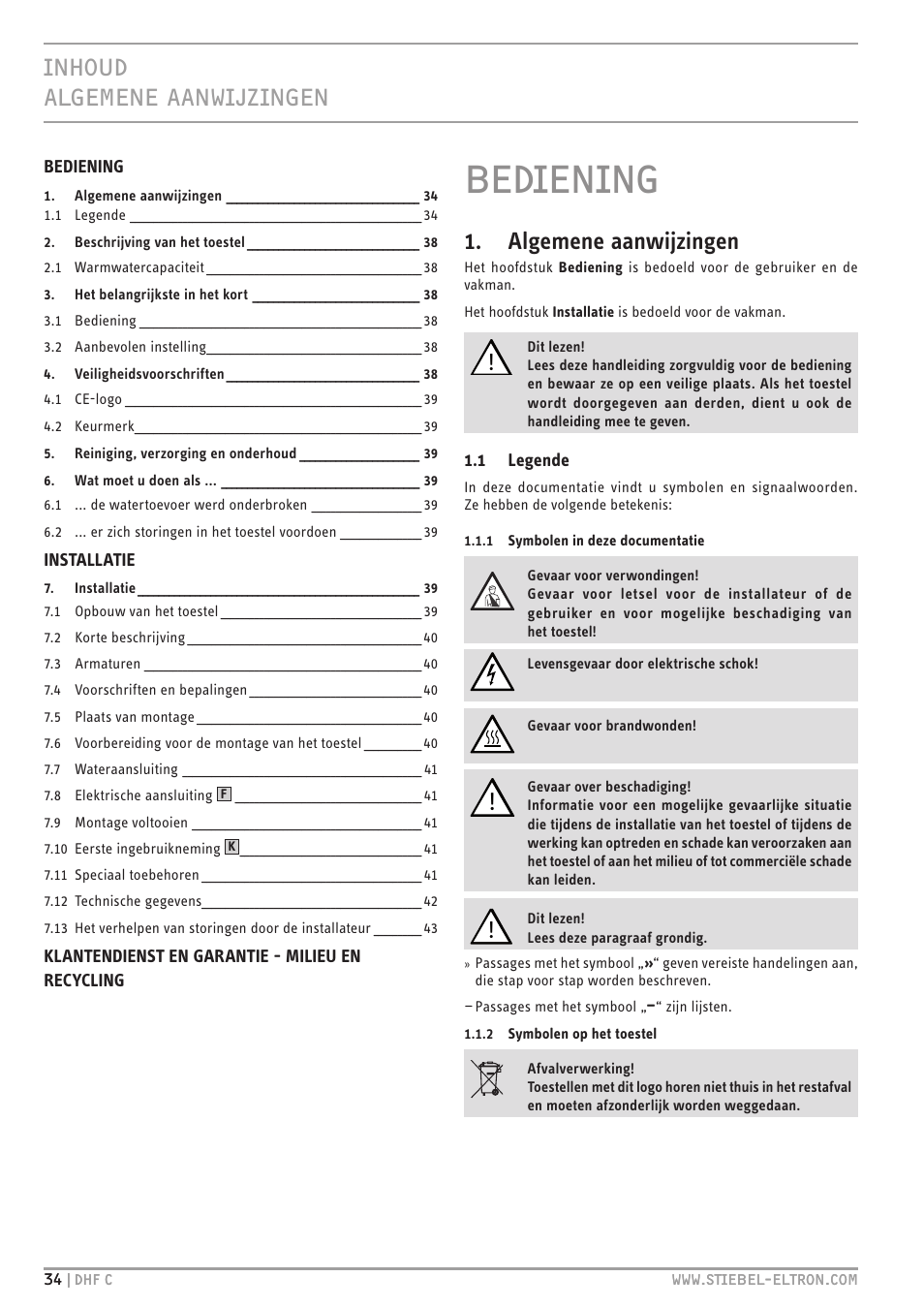 Bediening, Inhoud algemene aanwijzingen, Algemene aanwijzingen | STIEBEL ELTRON DHF 12 - 24 C с 01.04.2007 User Manual | Page 34 / 103