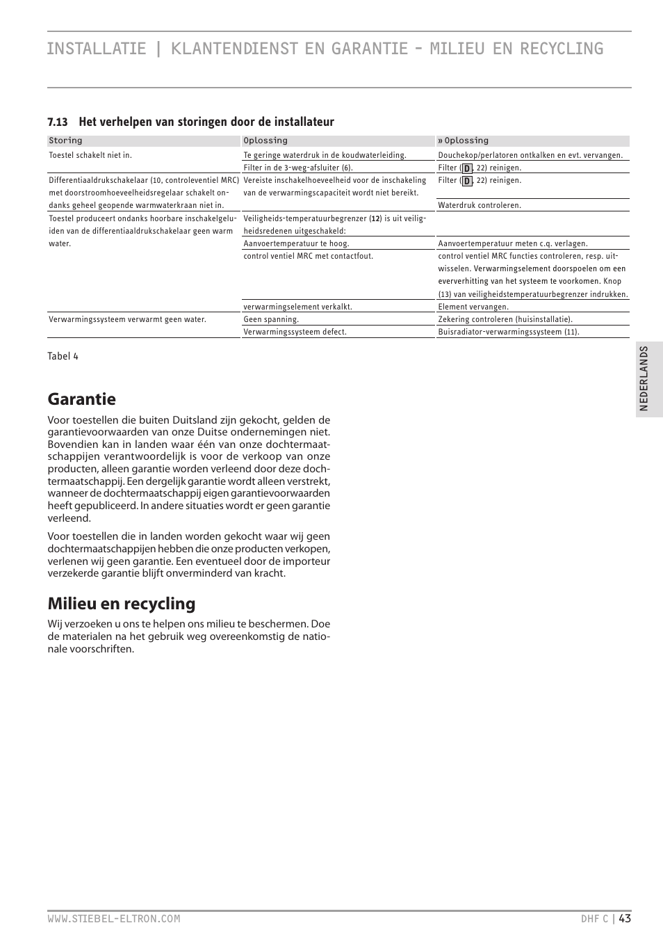 Klantendienst en garantie - milieu en recycling, Garantie, Milieu en recycling | STIEBEL ELTRON DHF 12 - 24 C с 01.04.2007 User Manual | Page 43 / 103