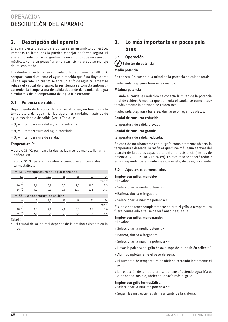 Operación descripción del aparato, Descripción del aparato, Lo más importante en pocas pala- bras | 1 potencia de caldeo, 1 operación, 2 ajustes recomendados | STIEBEL ELTRON DHF 12 - 24 C с 01.04.2007 User Manual | Page 48 / 103