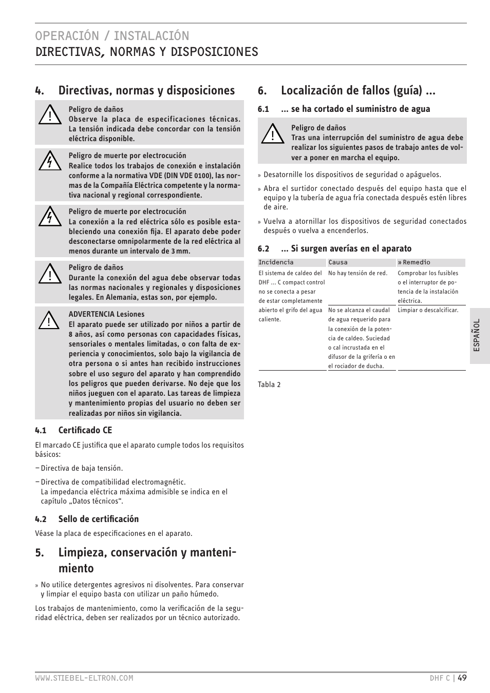 Limpieza, conservación y manteni- miento, Localización de fallos (guía) | STIEBEL ELTRON DHF 12 - 24 C с 01.04.2007 User Manual | Page 49 / 103