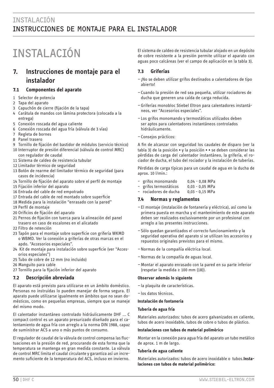 Instalación, Instrucciones de montaje para el instalador | STIEBEL ELTRON DHF 12 - 24 C с 01.04.2007 User Manual | Page 50 / 103