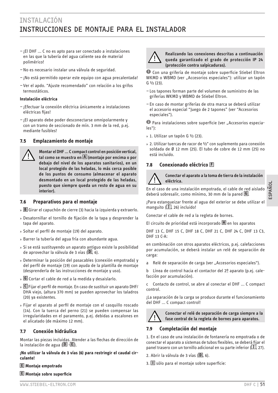 5 emplazamiento de montaje, 6 preparativos para el montaje, 7 conexión hidráulica | 8 conexionado eléctrico, 9 completación del montaje | STIEBEL ELTRON DHF 12 - 24 C с 01.04.2007 User Manual | Page 55 / 103