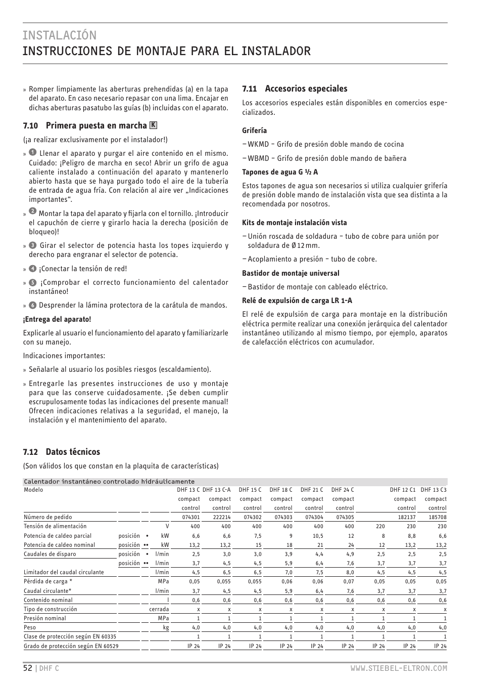 10 primera puesta en marcha, 11 accesorios especiales, 12 datos técnicos | A realizar exclusivamente por el instalador!), Conectar la tensión de red | STIEBEL ELTRON DHF 12 - 24 C с 01.04.2007 User Manual | Page 56 / 103