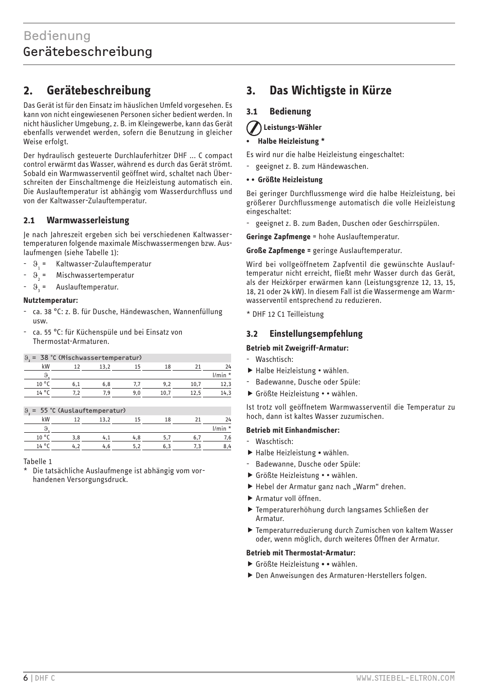 Bedienung gerätebeschreibung, Gerätebeschreibung, Das wichtigste in kürze | 1 warmwasserleistung, 1 bedienung, 2 einstellungsempfehlung | STIEBEL ELTRON DHF 12 - 24 C с 01.04.2007 User Manual | Page 6 / 103